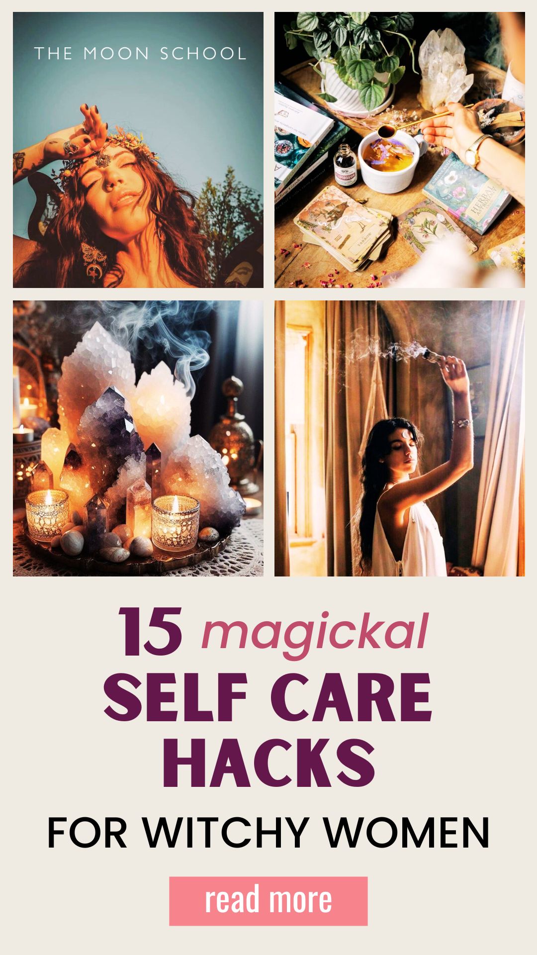 Spring self care aesthetic collage and title: 15 magickal Self Care Hacks for Witchy women