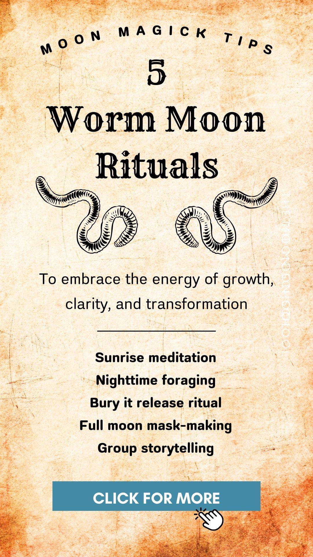Witchcraft grimoire page showing a list of march full worm moon rituals including: Dawn meditation<br />
Night time foraging<br />
Release ritual<br />
Full moon mask-making<br />
Group storytelling