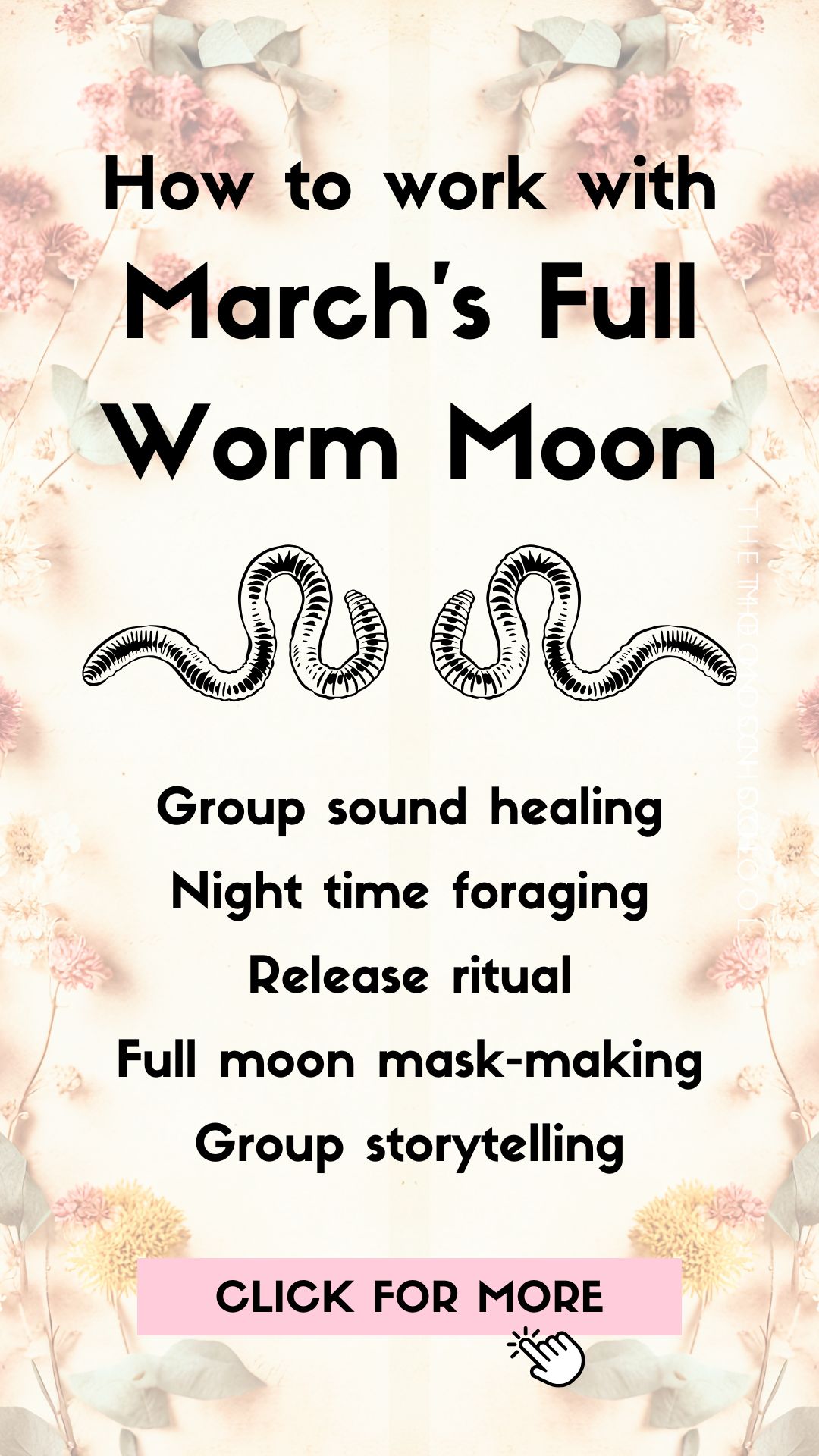 Grimoire, book of shadows page for the March full worm moon, listing 5 moon magick rituals 