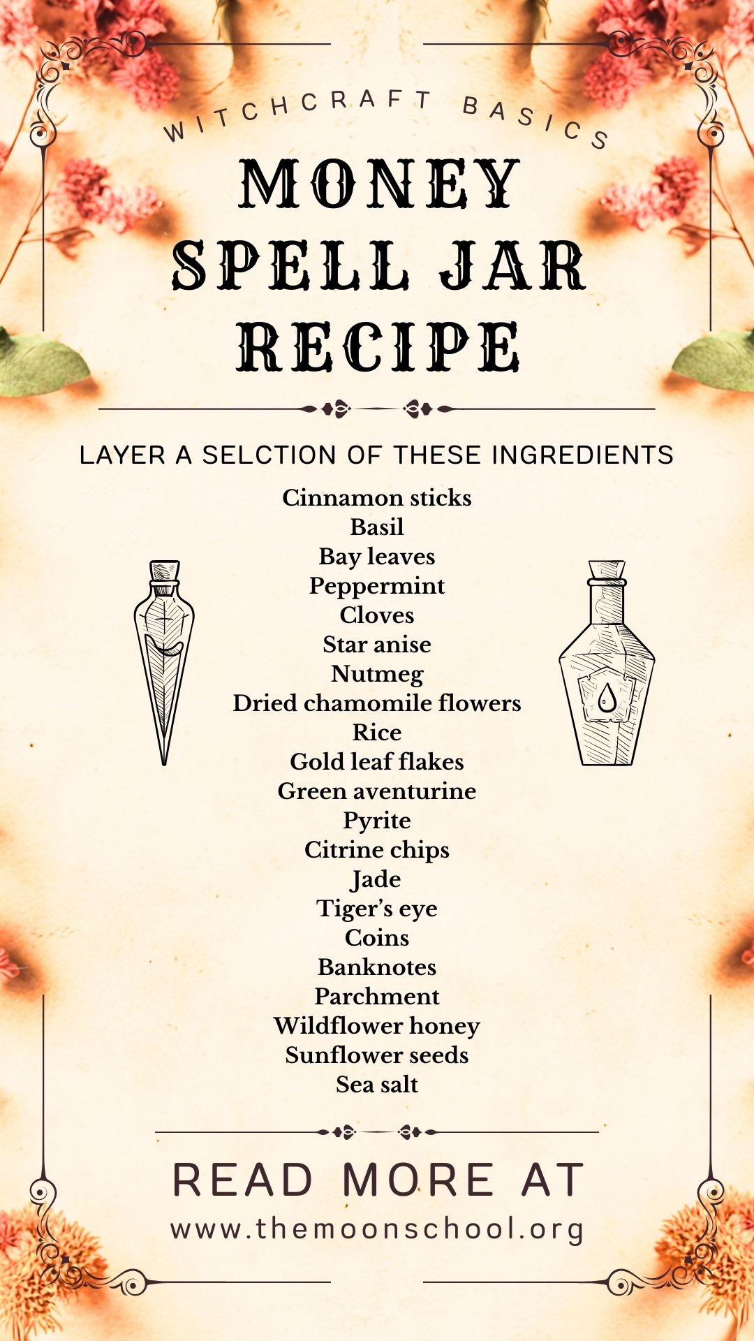 Beautiful with spell book page with dried flowers, showing a money spell jar recipe with list of magickal ingredients, herbs, crystals and rice