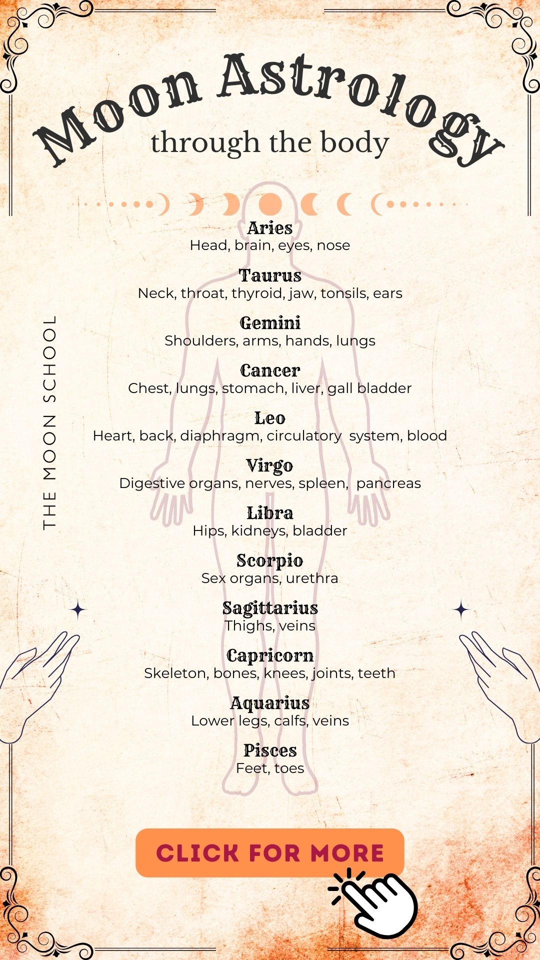 Beautiful Old paper grimoire Infographic showing the human body and affects of Moon signs astrology