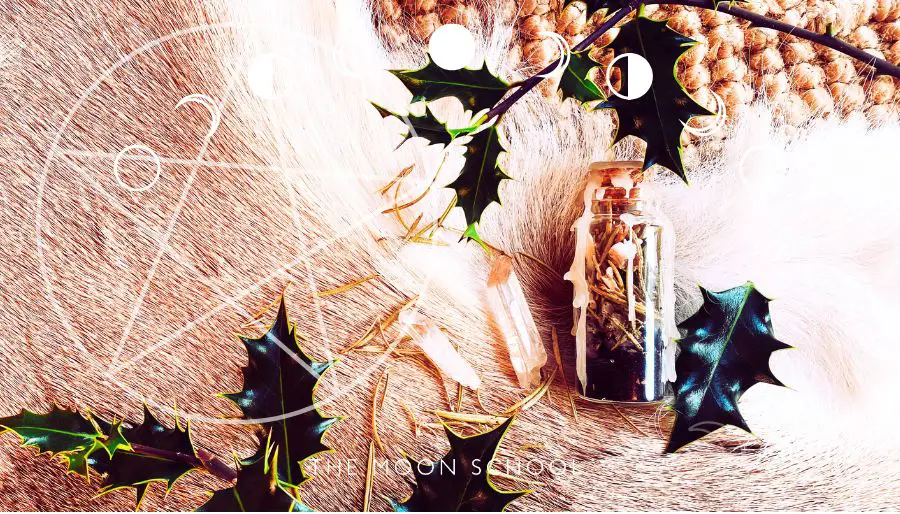 Small witch spell jar for spiritual protection on a fur backdrop with holly leaves and crystals