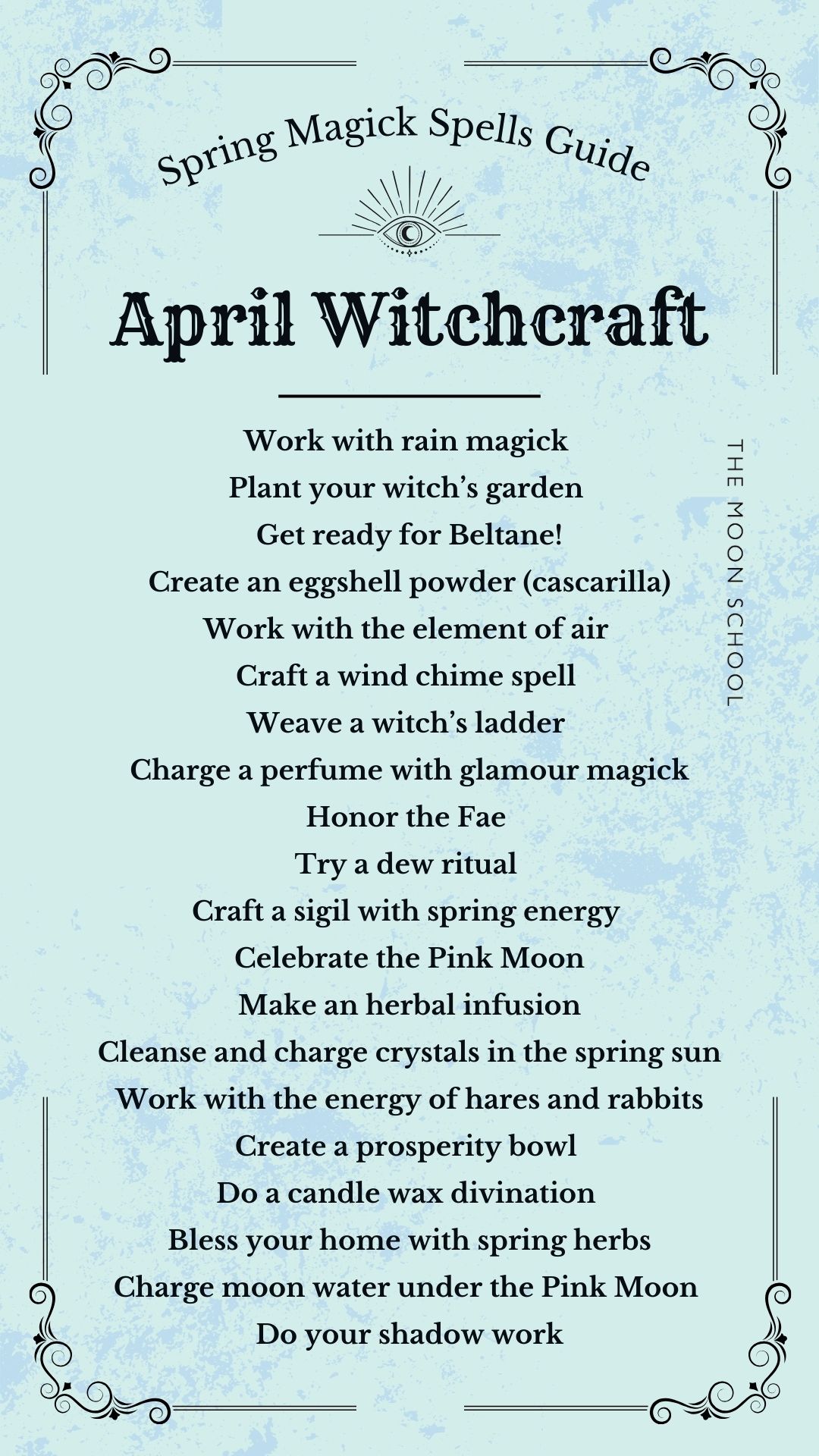 Blue grimoire page listing 20 witchcraft tasks for April