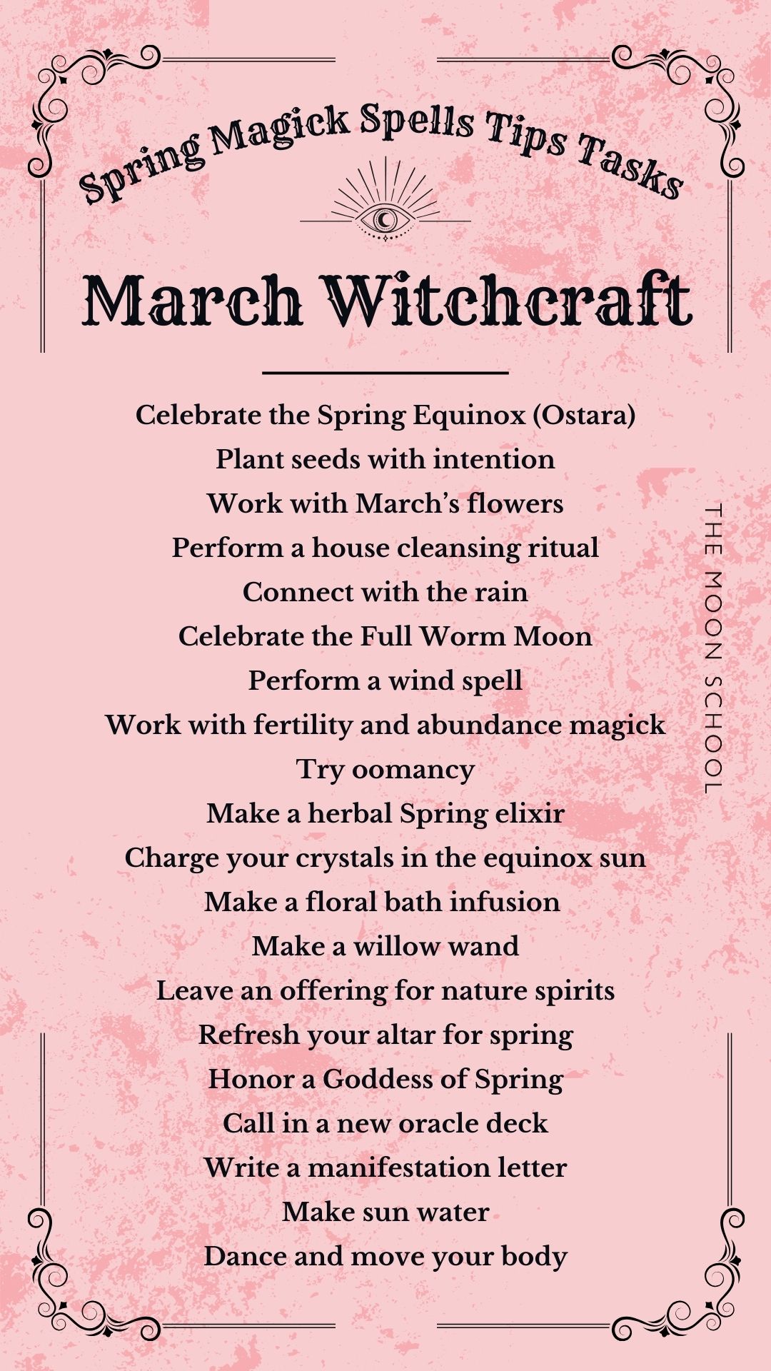 Pale pink grimoire page showing a list of witchcraft tasks to perform in March for Spring Equinox