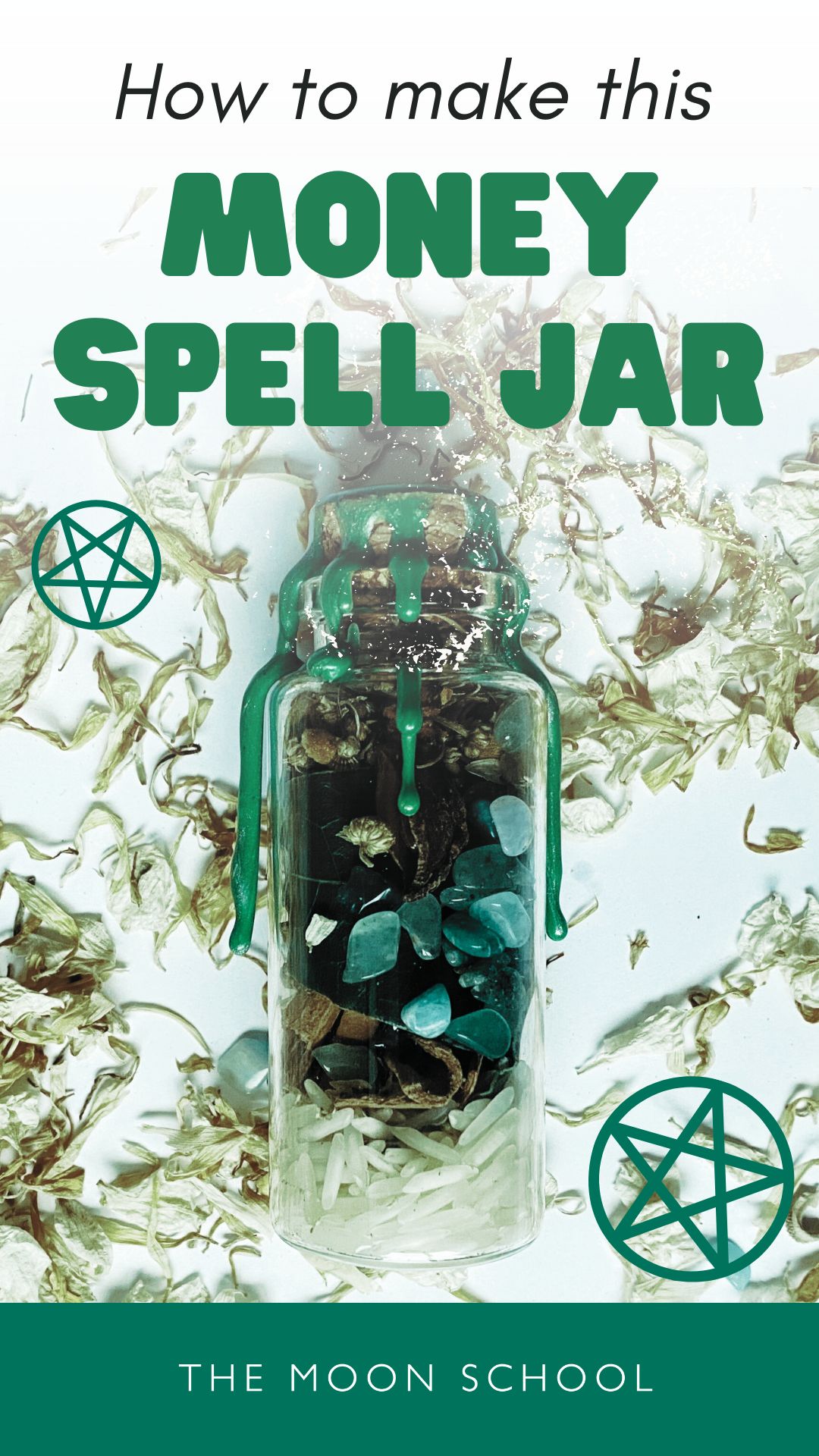 Beautiful image of a witch's spell jar for money with green wax and pentagrams