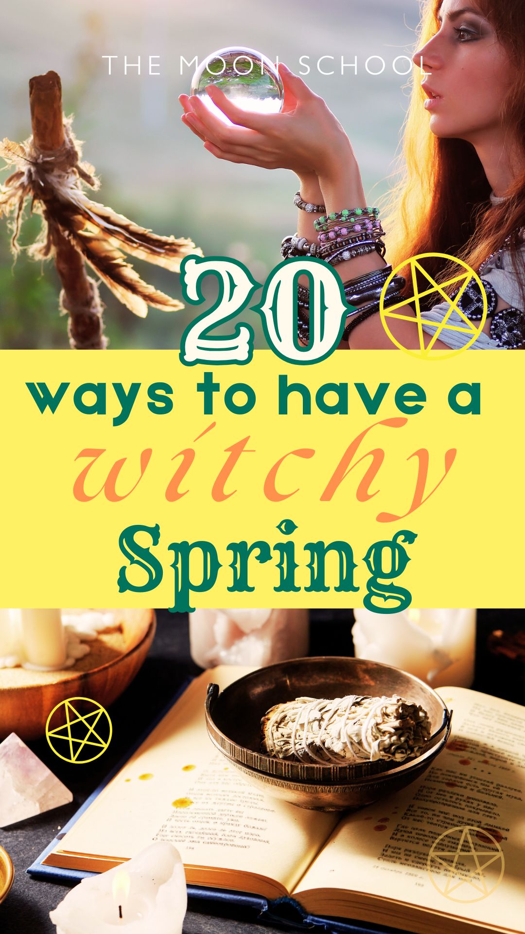 Bright spring coloured yellow collage pin with images of witchcraft and a witchy, wiccan woman with a crystal ball
