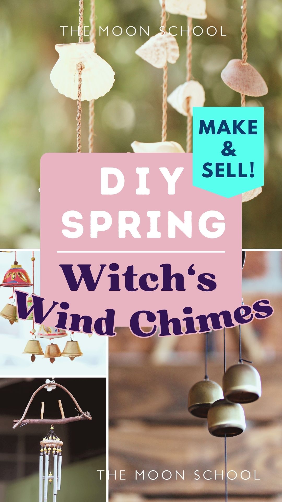 4 collage images of witchy wind chimes all DIY, can be made to sell