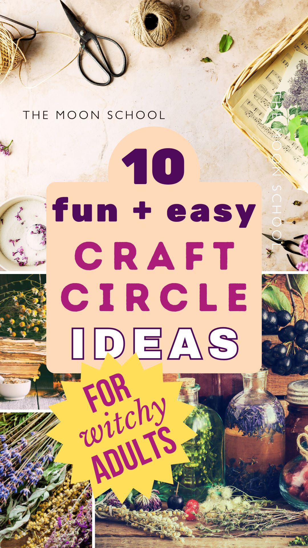 Collage pin with craft night aesthetic images and title: 10 fun + easy craft circle ideas for witchy adults