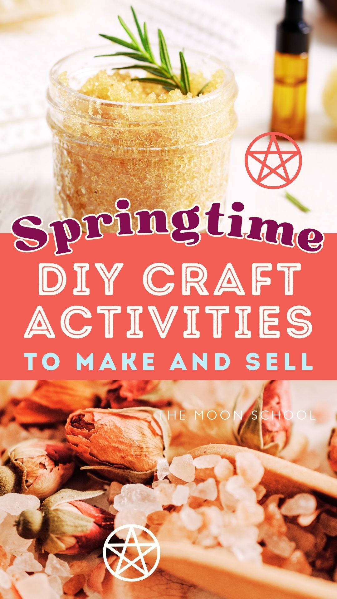 DIY spring craft ideas with image of a homemade sugar skin scrub and herbal bath blend