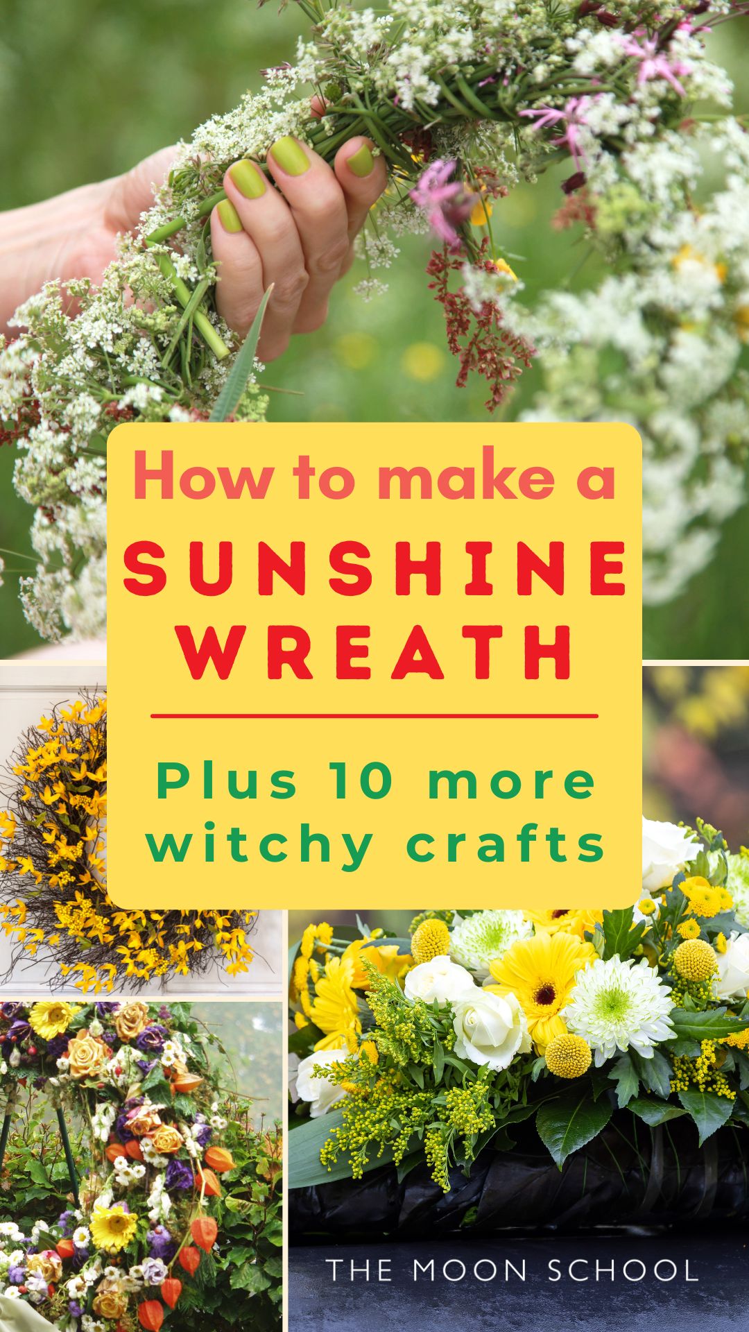 Sunshine May day Beltane flower wreath DIY guide. Spring crafts for witches