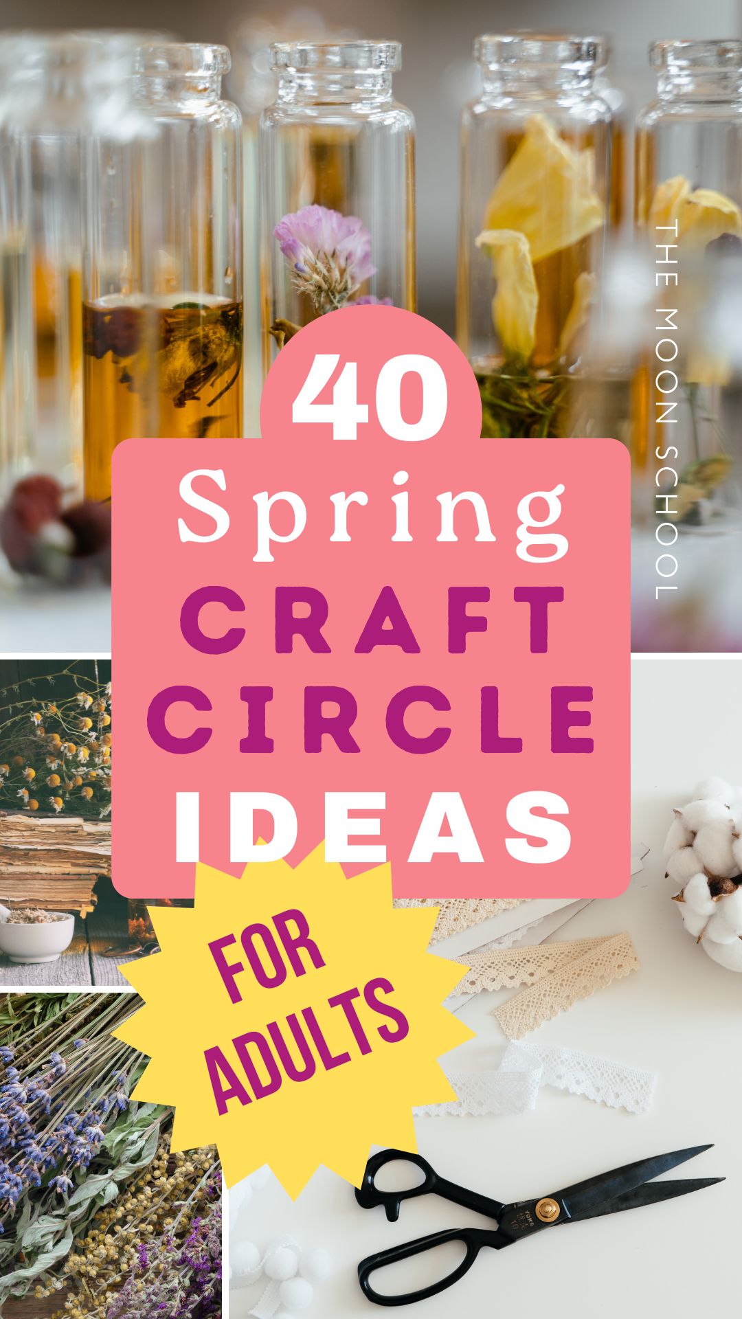 DIY Spring craft activities and ideas aesthetic with glass vials and herbs, scisors and embroidery