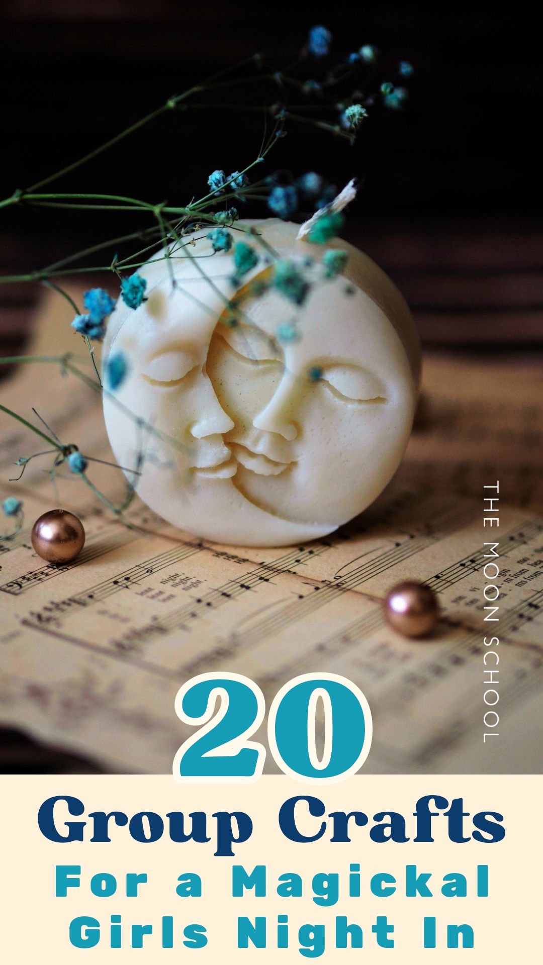 Beautiful DIY Moon carved spell candle example of a craft circle activity for adults, wiccans, witches, spiritual women