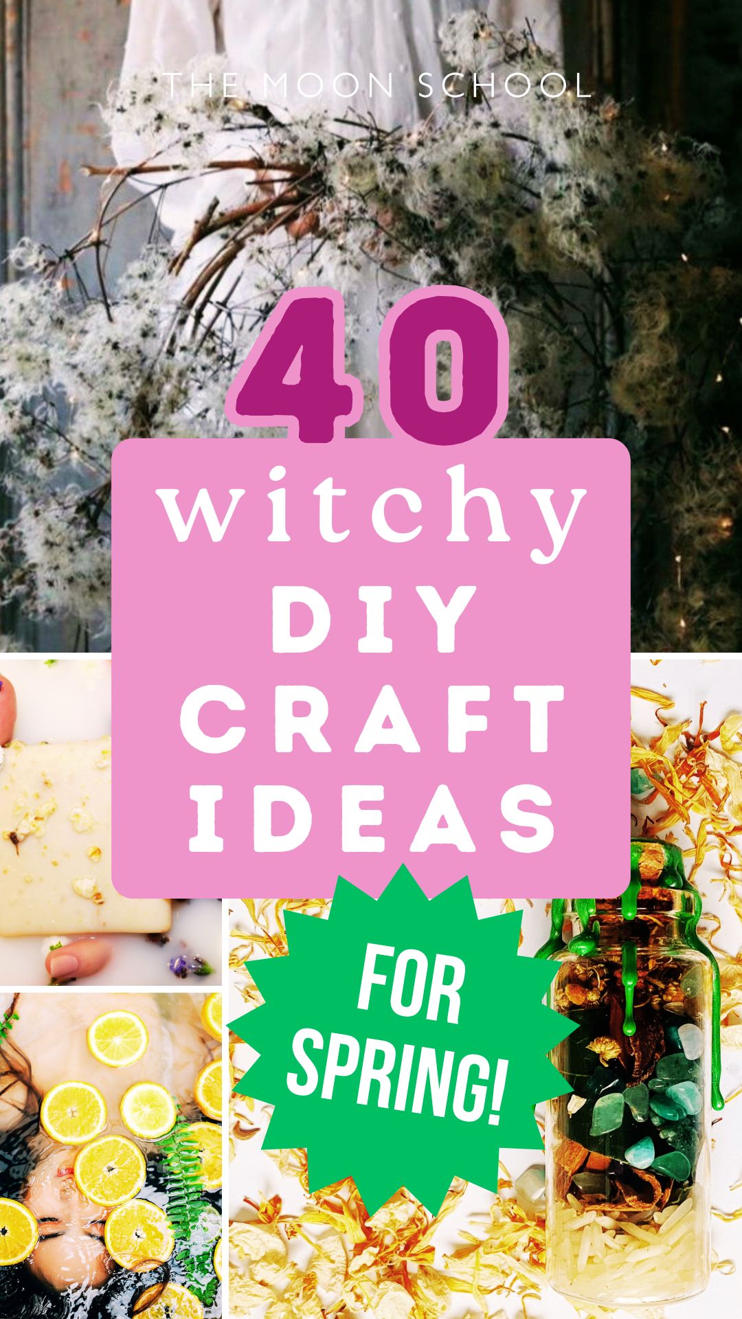 DIY Spring decor aesthetic pin with DIY witchy craft ideas for Spring in pink text
