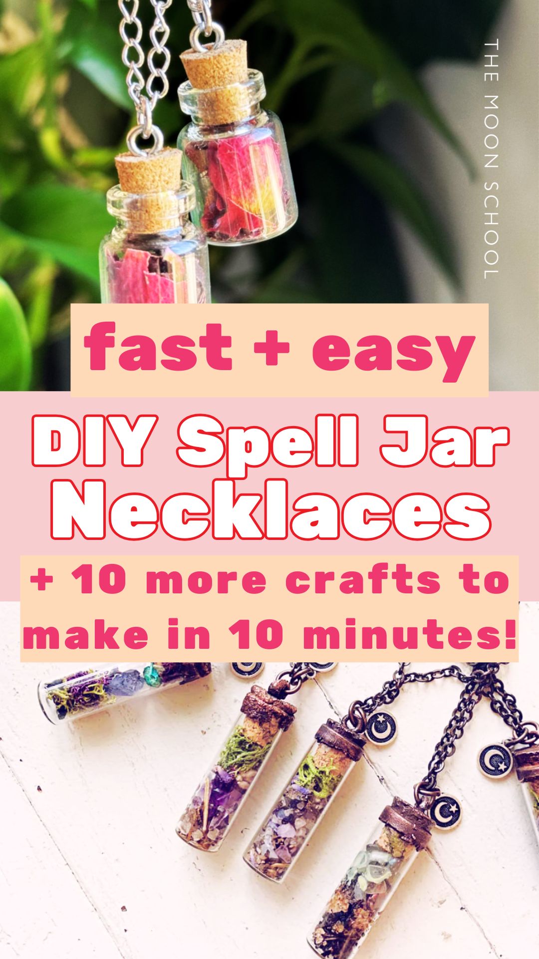 Collage pin of mini spell jar necklaces as a quick easy DIY for witches.
