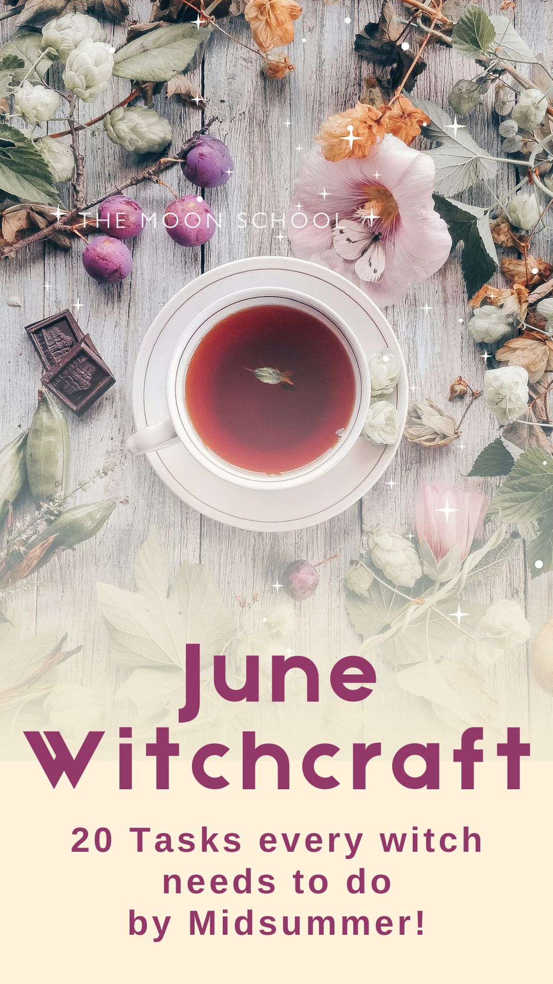 Cup of herbal summer solstice tea with text: June Witchcraft