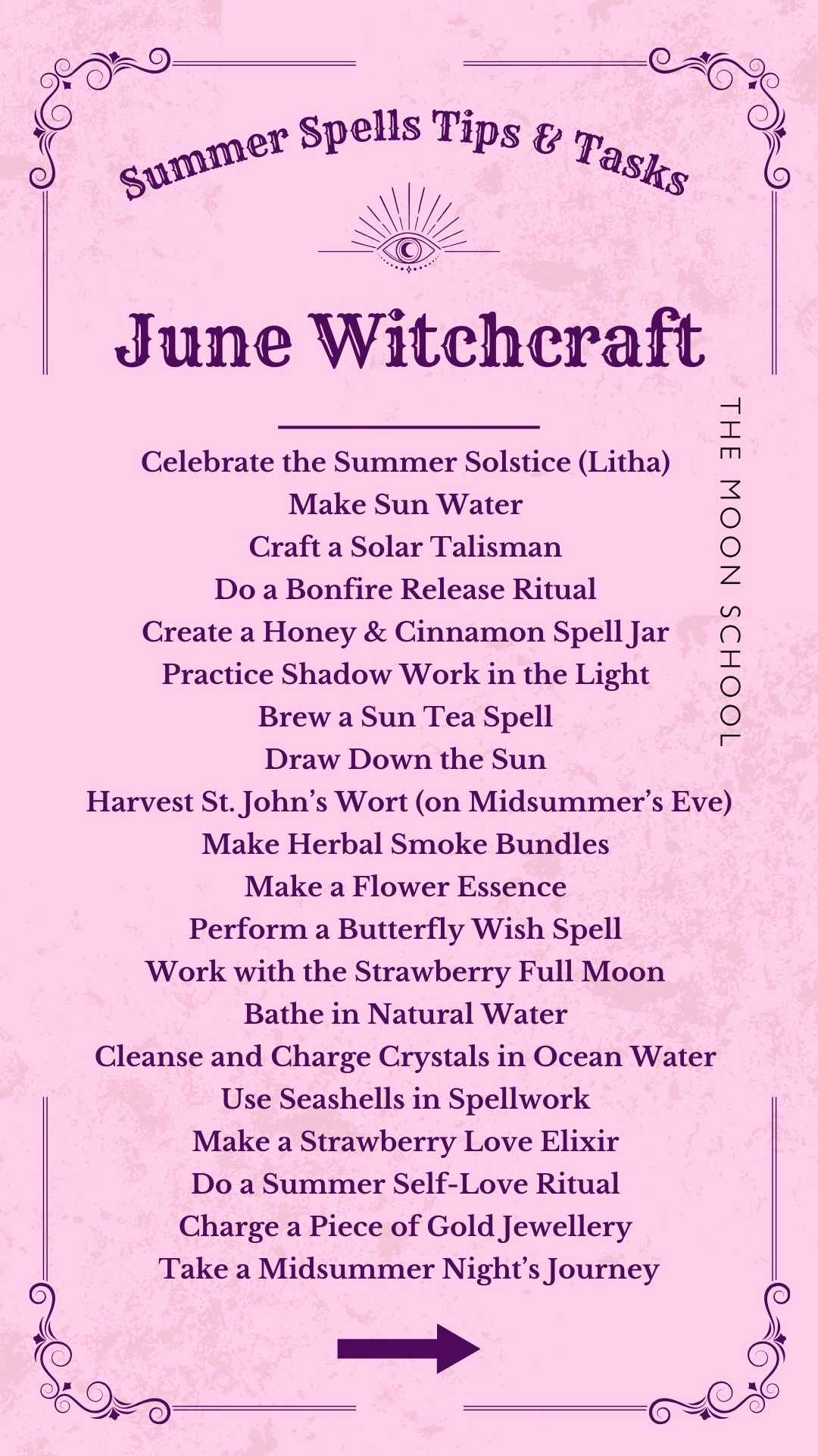 Light pink book of shadows page listing 20 witchcraft tips for June and the summer solstice