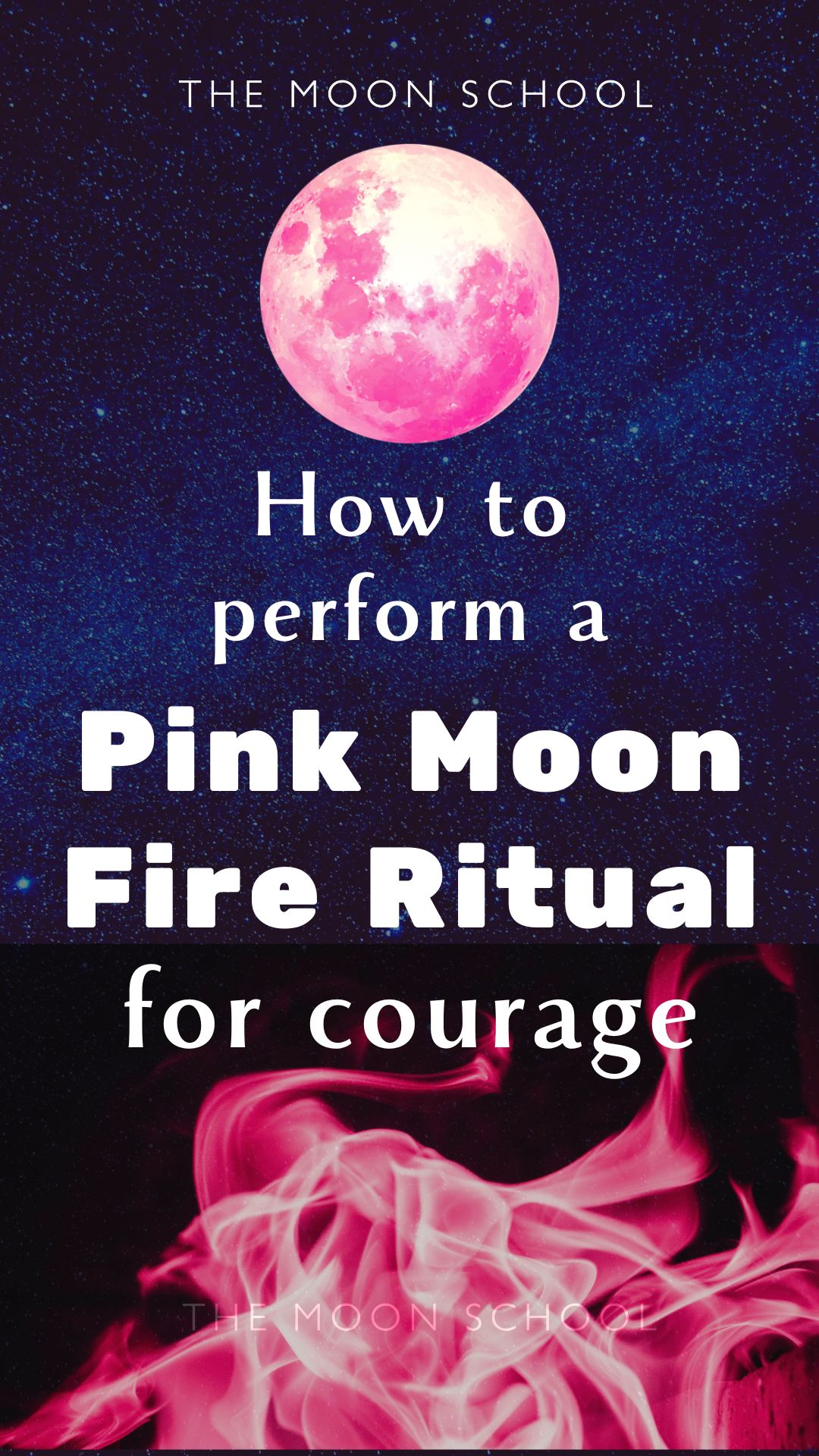 Pink Moon fire ritual pin with a pink fire and full pink moon in a dark sky
