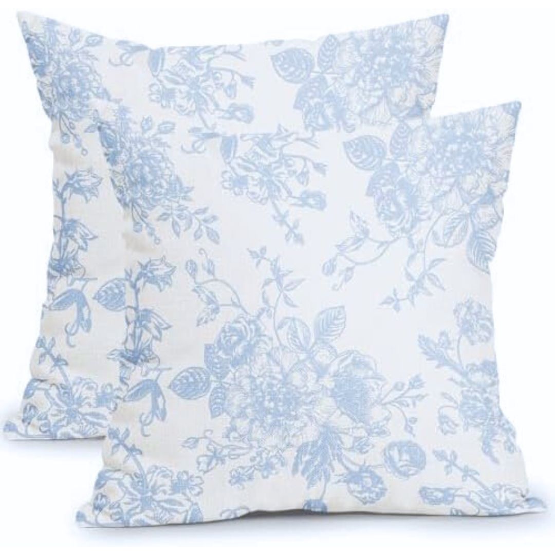 Vintage linen cushion covers with blue boho cottage witch pattern 