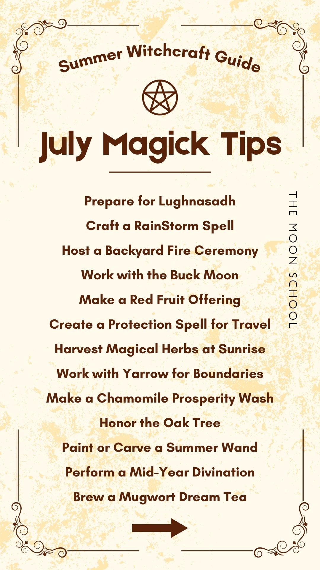 Summer Grimoire page with July witchcraft tips, spells and ideas