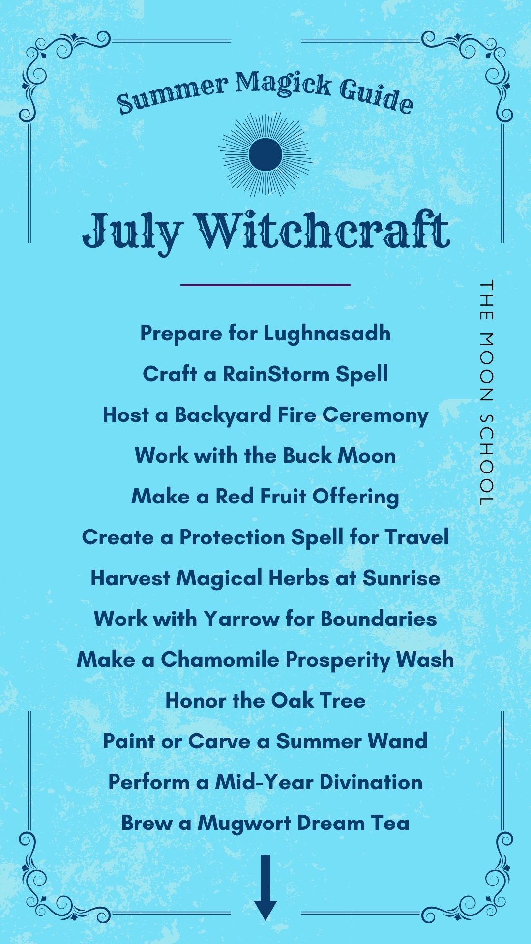 Blue summer grimoire page listing July Witchcraft tips and tasks:  Prepare for Lughnasadh<br />
Craft a Rain Spell During a Summer Storm<br />
Host a Backyard Fire Ceremony<br />
Work with the Buck Moon<br />
Make a Red Fruit Offering<br />
Create a Protection Spell for Travel<br />
Harvest Magical Herbs at Sunrise<br />
Work with Yarrow for Boundaries<br />
Make a Chamomile Prosperity Wash<br />
Honor the Oak Tree<br />
Paint or Carve a Summer Wand<br />
Perform a Mid-Year Divination<br />
Brew a Mugwort Dream Tea<br />
