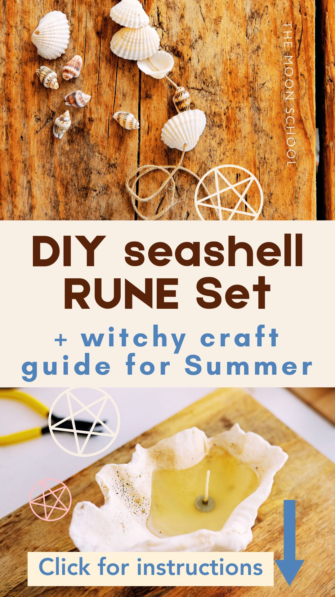 Summer seashell craft pin with DIY seashell rune set title