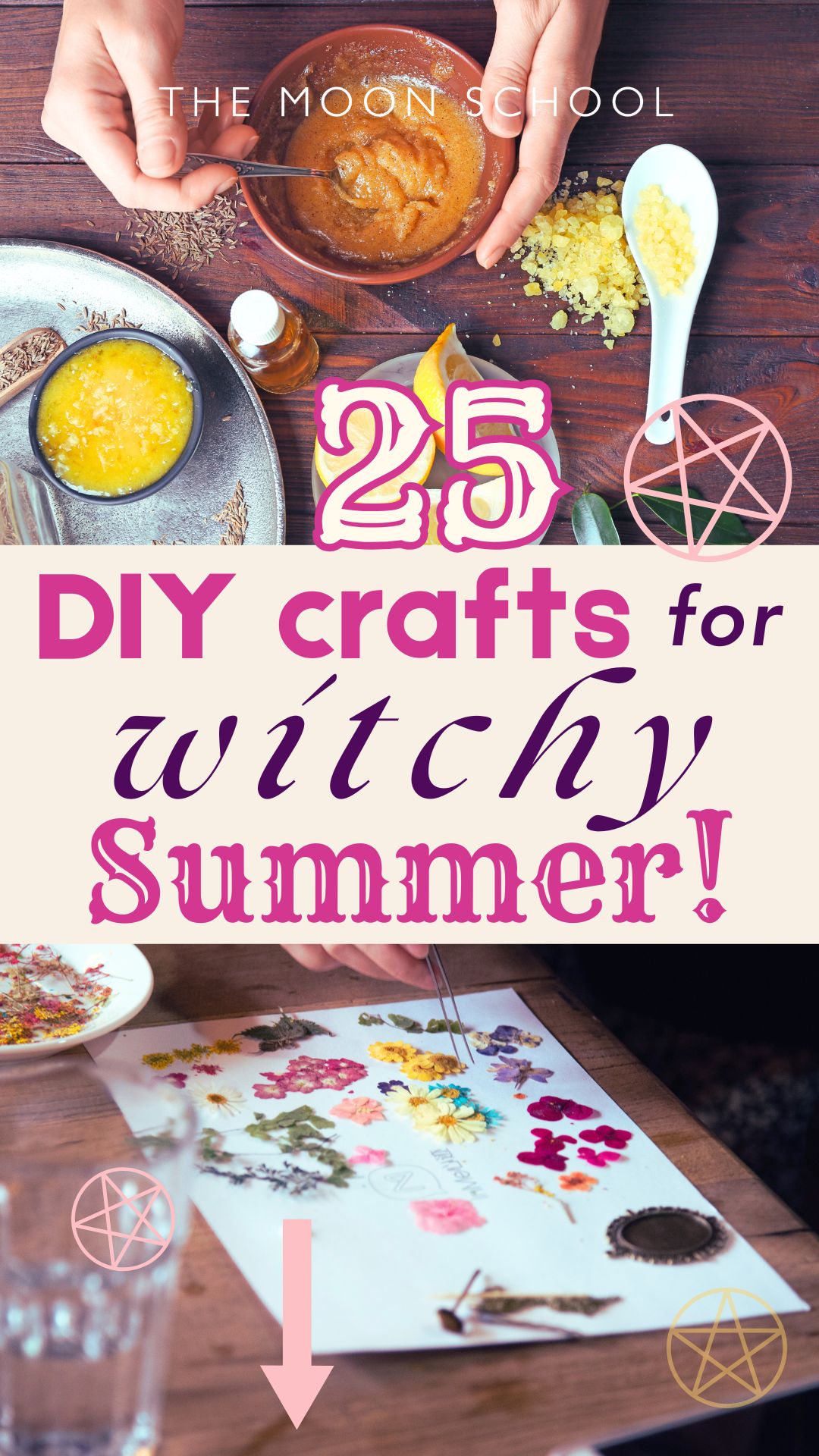 Witchy summer craft PIN showing DIY activities for june, july and august