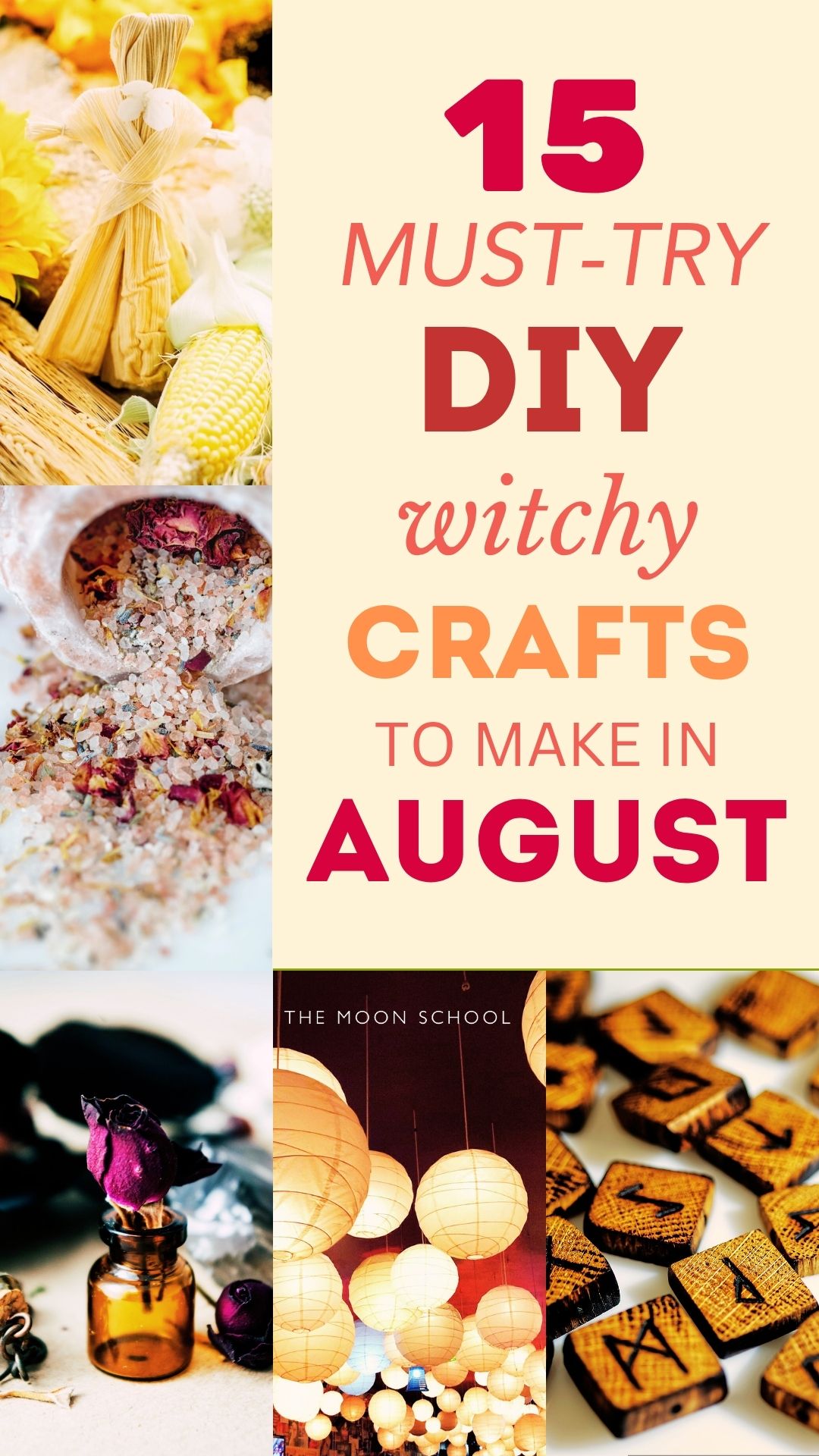 witchy summer crafts DIY aesthetic for August, including: Lughnasadh Corn Dolly<br />
Herbal Harvest Salt<br />
Sunflower Petal Paper<br />
Beeswax Bread Wraps<br />
Harvest Herb Wreath<br />
Blackberry Ink<br />
Kitchen Witch’s Herb Ladder<br />
Lughnasadh Spell Jar<br />
Lavender & Chamomile Bath Soak<br />
August Abundance Charm Bags<br />
Lughnasadh Incense Blend<br />
Harvest Witch Apron<br />
Pressed Flower Lanterns<br />
Harvest Rune Stones<br />
