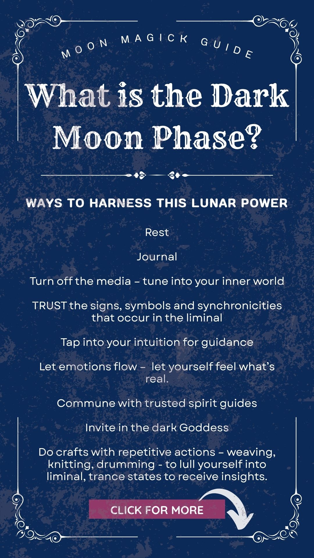Dark blue grimoire page showing a list of dark moon activities