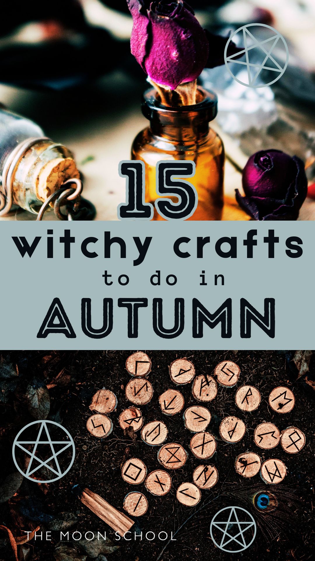 WItchy craft pin for autumn DIY inspiration with image of herbal magickal oil and DIY runes