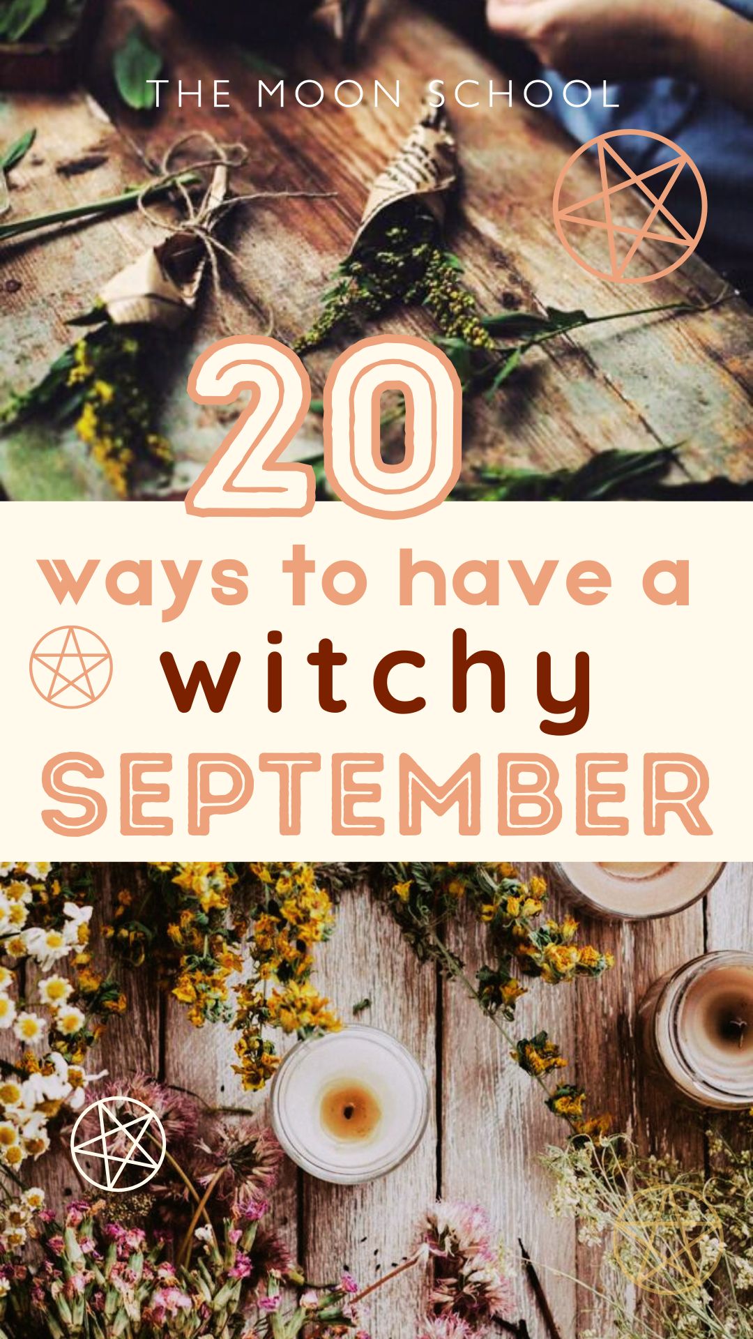 Witchy september aesthetic images of candles and herbal harvest tea with title 20 Ways to Have a Witchy September