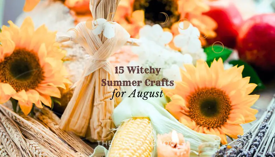 Lughnasadh altar with a corn dolly and selection of summer crafts to make in august for witches, pagans and wiccans
