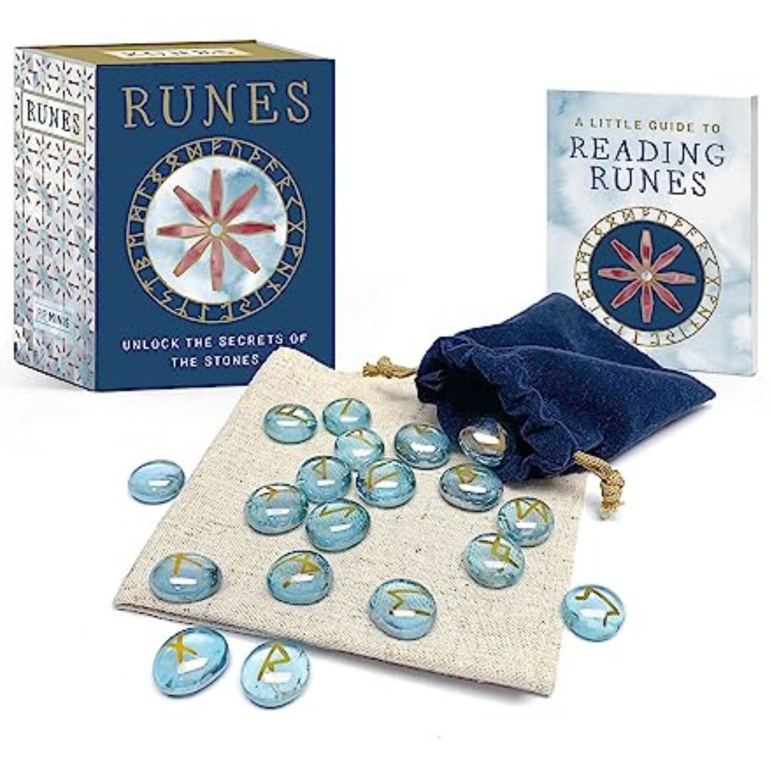 Blue glass engraved rune set displayed with boc, bag and guidebook
