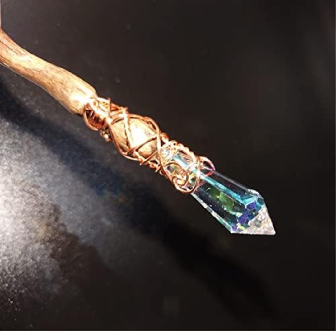 Stunning rainbow crystal topped witch's wand
