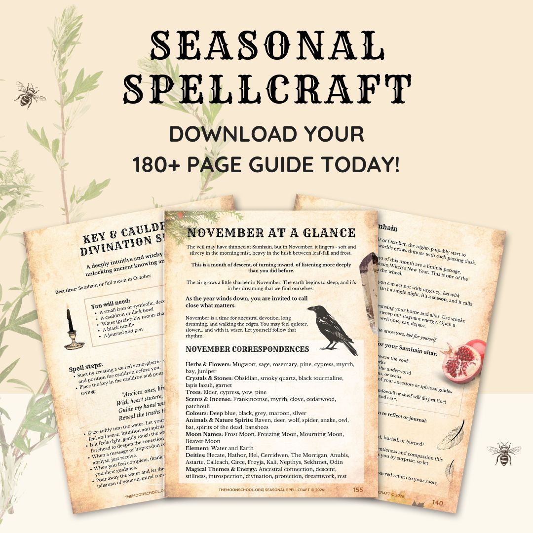 Seasonal Spellcraft grimoire pages displayed Three pages of seasonal spellcraft grimoire displayed on a pale background with mugwort