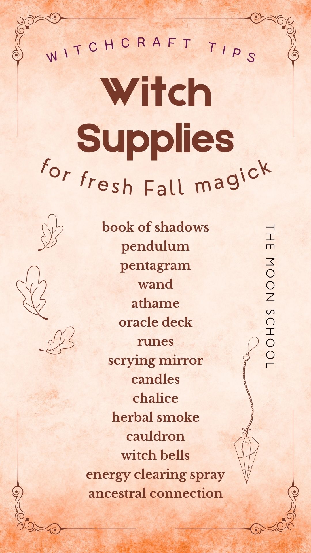 Book of shadows witch grimoire page with a list of 15 witchcraft tools for autumn magick