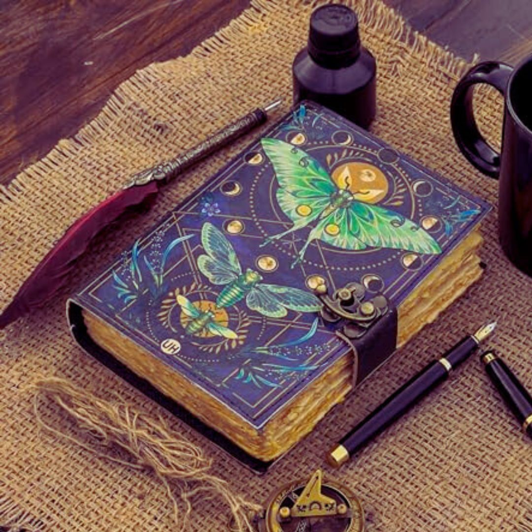 lunar moth designed hand made book of shadows witch journal