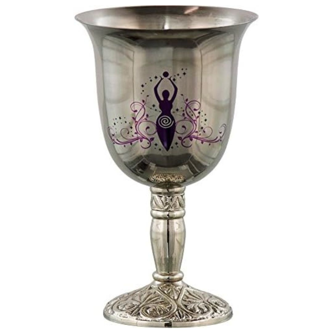 Beautiful modern witch's chalice stainless steel with goddess print