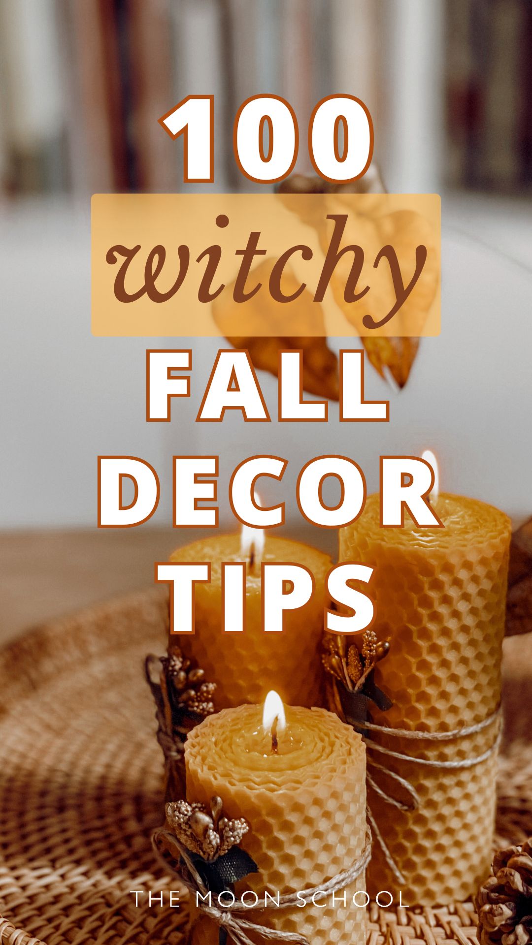 witchy fall decor pin with beeswax candles and cosy scene