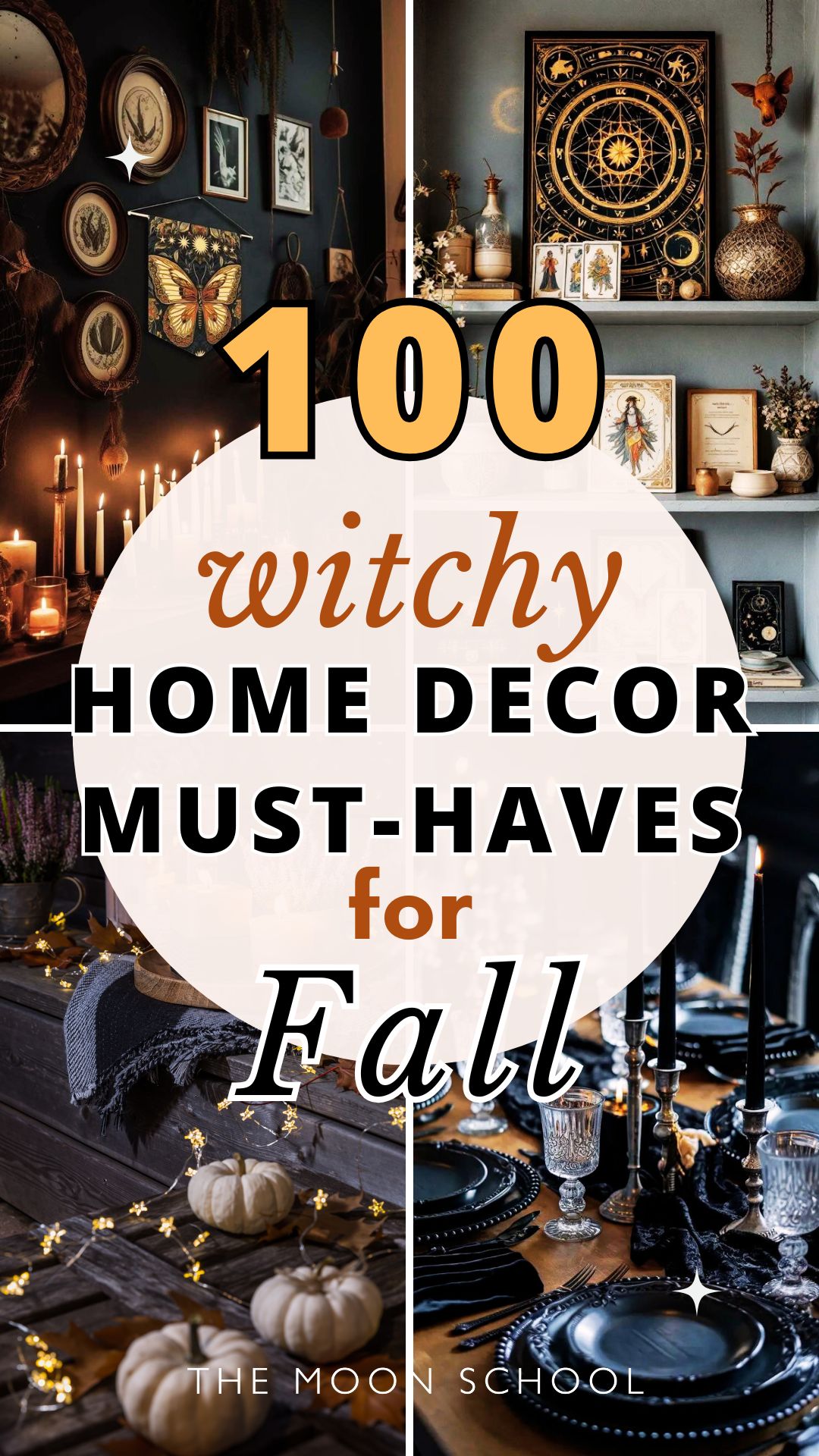 witchy fall home decor must haves with collage pin of fall aesthetic images