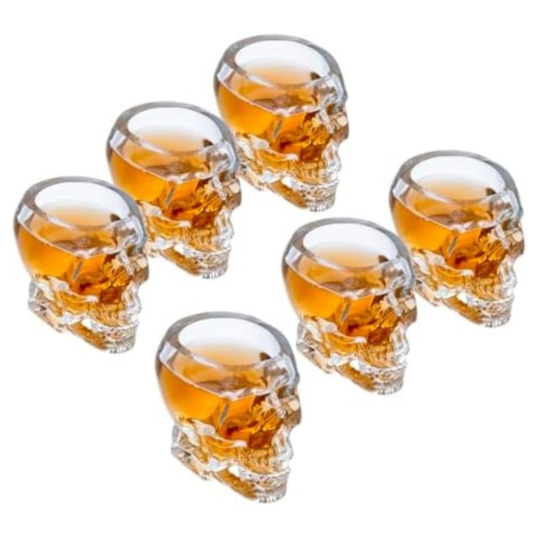 witchy halloween scull shot glasses party idea sun and moon design black leather bound book of shadows