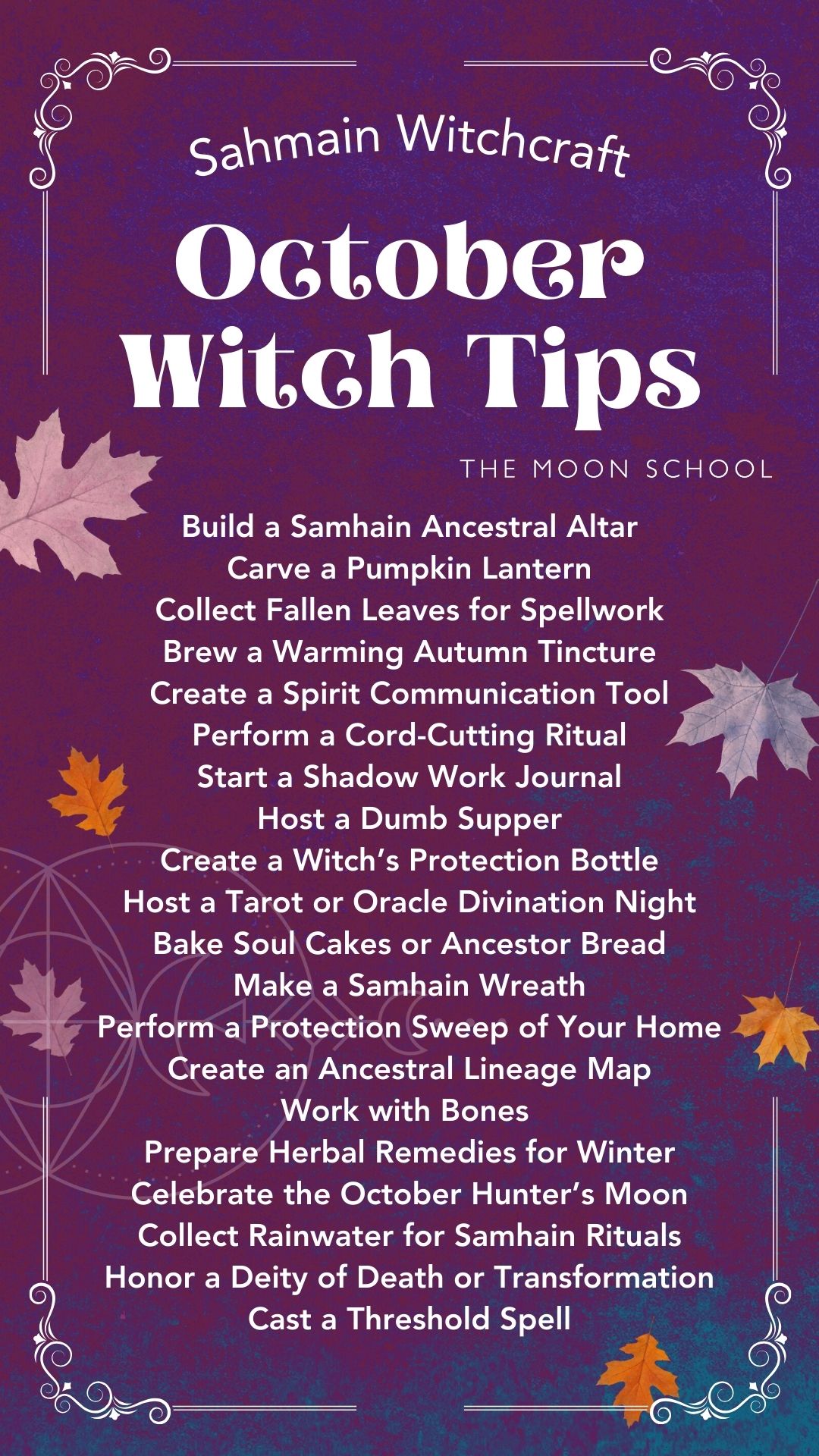 October witchcraft tips spell book guide to samhain season Samhain season of the witch guide on a purple grimoire page