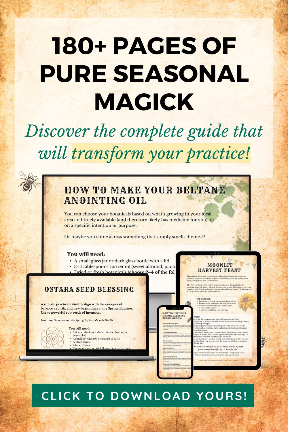 seasonal witch spell book ad showing grimoire pages on different devices