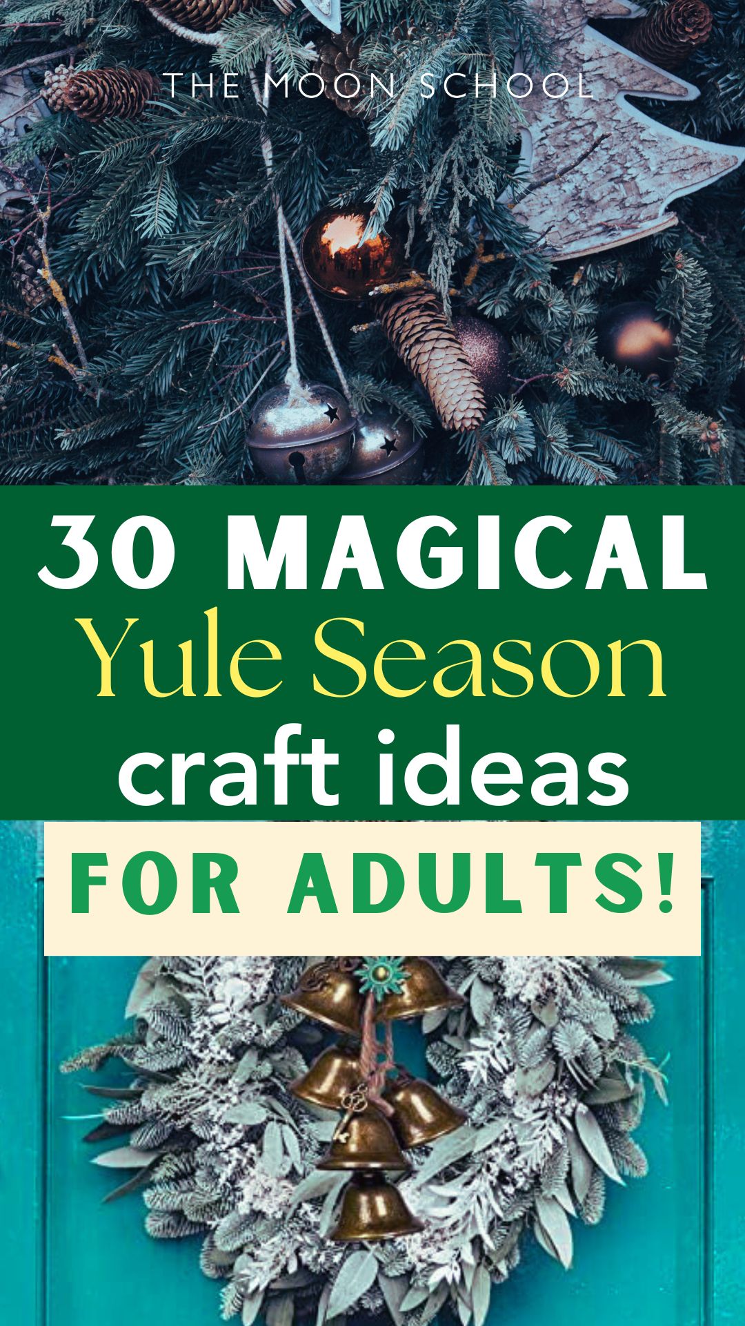 DIY Yule witch bells hanging on a tree and on a front door