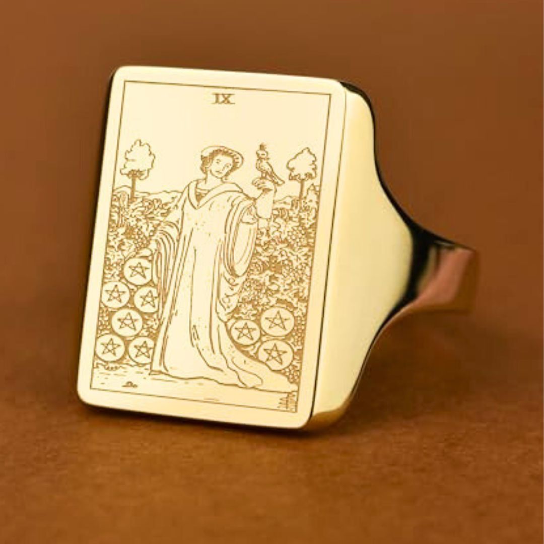 14K Solid Gold Nine of Pentacles Tarot Card Signet Ring