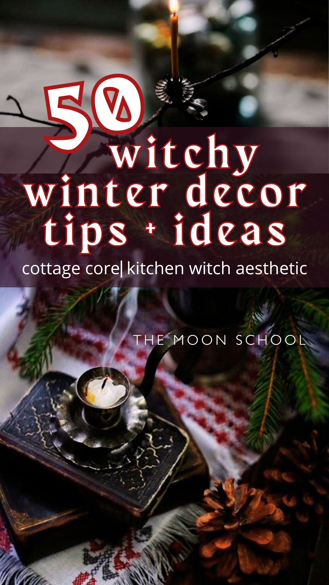 50 winter decor ideas for a witchy living room candle and red ribbon winter decor aesthetic pin, with ideas for a witchy living room