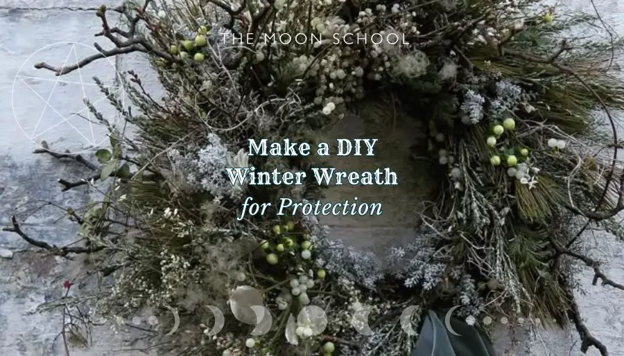 DIY winter wreath with evergreens and twigs as a witchy protection spell craft