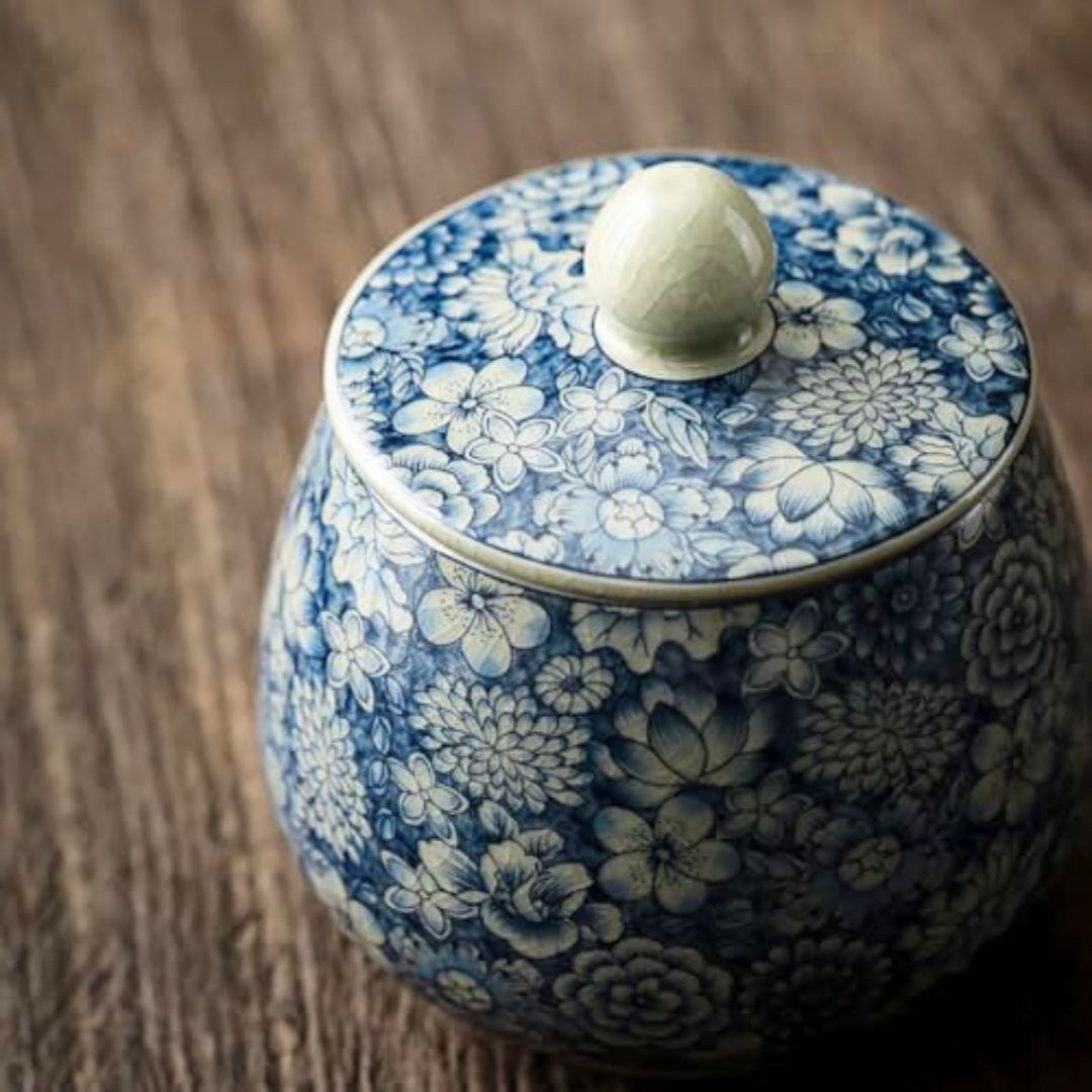 Vintage White and Blue Ceramic tea caddy